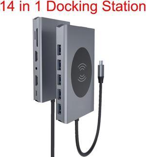 USB C Hub,14 in 1 Type C Adapter Docking Station with VGA Dual HDMI,Wireless Charging, 100W Power Delivery,1000Mbps Port and 5 USB3.0 Data Ports and TF Card Slot, 3.5mm Audio (VGA + 2HDMI Hub)