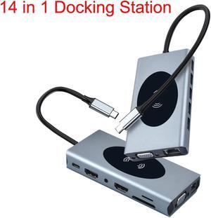 Dual Display USB Type C HUB with to VGA Dual HDMI, Gigabit, 5USB3.0 Ports, SD/TF,Wireless Charging Multiport Adapter Docking Station Dongle for MacBook Air Pro and More