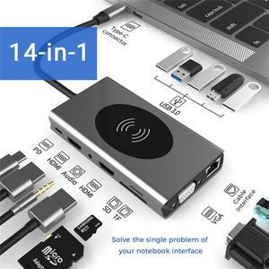 14 in 1 Laptop Docking Station Triple Display, with Dual 4K HDMI, VGA, Gigablit Ethernet, 5 USB3.0, SD/TF Card Reader,Audio Port,Wireless Charging Compatible with MacBook/Surface/HP/Dell