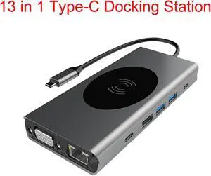 13 IN 1 Docking Station, Type C Multiport Adapter for MacBook Pro/Air, Mac Dongle with Wireless Charging, HDMI, RJ45 Ethernet,USB-C Data Port, VGA, USB3.0, SD/TF Card Reader and Mic/Audio,100W PD