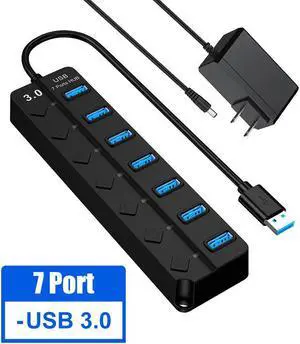 USB Hub 3.0 Powered, USB Extender 7-Port Data USB Hub with Power Adapter, USB Splitter with On/Off Switches for MacBook, Mac Pro/Mini, iMac, Surface Pro Laptop/PC