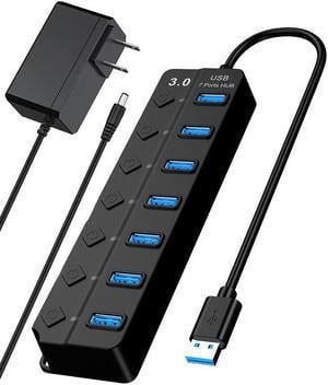 USB Hub 3.0 Powered, 7 Ports USB 3.0 Data Hub Splitter with  (5V DC) Power Adapter and Individual On/Off Switches USB Port Expander for PC and Laptop (7IN1HUB)