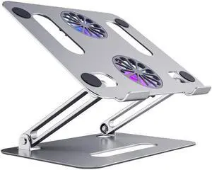 Aluminum Laptop Tablet Stand with 2 High-speed Cooling Fan, Adjustable Height Laptop Tablet Stand for Desk, Ergonomic Portable Computer Stand Riser for MacBook Pro/Air 11-17.3" Laptop Tablets
