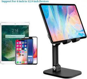 Upgraded Desktop Tablet Holder Table Cell Foldable Extend Support Desk Mobile Phone Holder Stand For iPad Pro Air Mini, Galaxy Tabs, Cell Phones, 4-12.9" Devices, Black