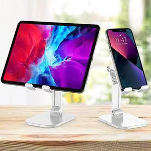 Upgraded Adjustable Desktop Cell Phone Holder, Cradle Dock Tablet Stand, Foldable Phone Stand Dock For (4.7-12.9") iPad, ipad Pro 12.9, Air Mini 4, iPhone, Kindle, Switch, White