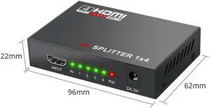 HDMI Splitter 1 in 4 Out Powered by AC Adapter,LUOM Hdmi powered Splitter Supports 4K@30Hz 3D Full HD1080P, Compatible with Xbox PS3 PS4 Fire Stick Roku Blu-Ray Player HDTV - 1 Input to 4 Outputs