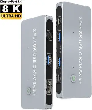 LUOM 2 Port 8K USB C KVM Switch with DisplayPort Port Compatible with Thunderbolt 3/4 for 2xUSB-C PC to One DisplayPort Dual Monitor
