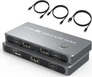 LUOM 2PC USB C KVM Switch One DP Monitor 2 Port 4K@60Hz USB KVM Switch 8K@60Hz DisplayPort 2PC Input 1 DisplayPort Output and USB 2.0 Hub, PC Monitor Keyboard Mouse Switcher