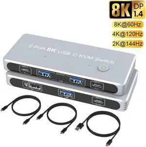 KVM Switch DisplayPort 2 Port 8K,LUOM KVM DP Switches Box 2 in 1 Out,for 2PC Share 1 Monitor and One Keyboard Mouse,KVM Switch Displayport,Support 8K@60Hz 4K@144Hz 3D 1080P