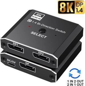 LUOM Displayport Switch 8K Bidirectional DP 1.4 Switch 8K @30Hz 4K @120Hz Displayport Switcher 1 to 2 / 2 in 1 Out with LED Indicator for Monitor Projector TV PC Laptop and More