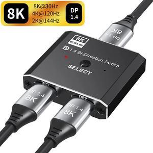 8K Displayport 1.4 Switch, LUOM Bi-Directional 1in 2 Out or 2in 1out DP 1.4 Switcher Converter Supports 8K@30Hz 4K@120hz 2K@144hz for Dual DP Sources or Displays