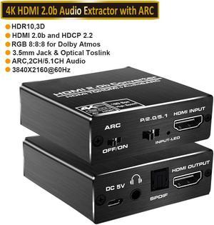 Aluminum Shell 4K@60Hz HDMI 2.0 Audio Extractor HDMI-ARC Converter SPDIF + 3.5MM Output 18Gbps, HDCP 2.2, 1080P@120Hz, 1080P@144Hz, Compatible with Dolby_Digital/DTS CEC HDR10,(OZV8-1)