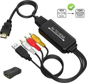 RCA to HDMI Cable Converter with HDMI and RCA Cables, CVBS Composite AV to HDMI Converter, RCA in HDMI Out Adapter, Full HD 720P/ 1080P Output Switch for DVD, STB, Roku with Female RCA Output