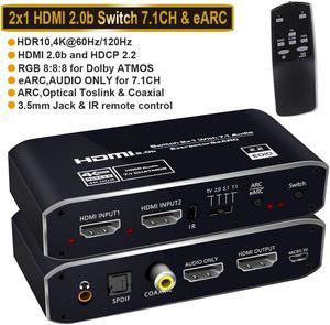 4K@ 60Hz HDMI Switch Audio Extractor, 2 in 1 Out HDMI Splitter with 3.5mm Audio Jack + Coaxial + Optical Toslink SPDIF for Support HDMI 2.0 1080P/ 3D/ 4K