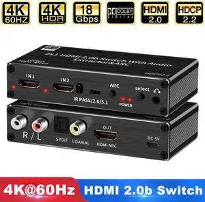 4K@ 60Hz HDMI Switch Audio Extractor, 2 in 1 Out HDMI Splitter with R/L 3.5mm Audio Jack + Coaxial + Optical Toslink SPDIF for Support HDMI 2.0 1080P/ 3D/ 4K, OZV2