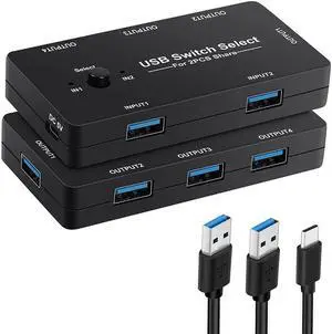 USB Switch Selector, KVM Switch Adapter 2 Computers Sharing 4 USB Devices, USB Peripheral Switcher Box Hub for PC Printer Scanner Mouse Keyboard with One Button Swapping and 2 Pack USB Cable