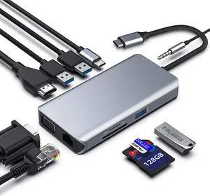 10 in 1 USB C Hub Multiport Adapter, USB C Docking Station to HDMI 4K 30Hz, VGA, Ethernet, 3USB 3.0, TF/SD, Audio,PD Port MacBook Dongle for MacBook Dell Hp Lenovo Laptop Type C Devices