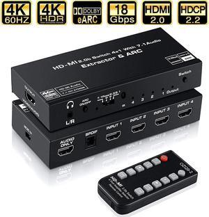4K@60Hz 4x1 HDMI Switch Audio Extractor with Optical Toslink SPDIF/3.5mm Audio Out, 4 Ports HDMI 2.0b Switcher with Remote Control Support ARC, HDCP 2.2, 3D, for Xbox, Fire Stick, PS5