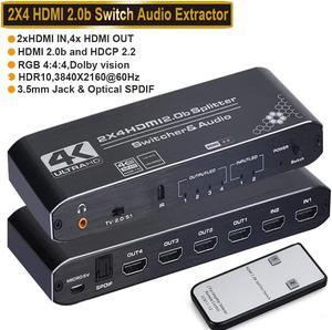 2 in 4 Out 4K HDMI Switch Splitter Audio Extractor, 4K@60Hz HDMI Audio Extractor HDMI Support HDCP 2.2, HDMI2.0b, 4K@60HZ, RGB4:4:4, 4K HDR for PS4 Xbox Apple TV Fire Stick Blu-Ray Player
