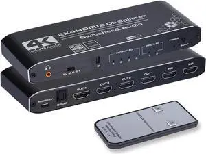 4K@60Hz HDMI Switch Splitter 2x4 with Audio Extractor, HDMI2.0b Switch Box with HDMI Toslink SPDIF /3.5mm Audio Out, HDMI Selector Switch with Remote, Support HDCP 2.2, HDMI2.0b, RGB4:4:4, 4K HDR