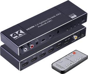 4In 2Out HDMI Switch Audio Extractor with Remote Control HDMI 2.0b Switcher with Optical TOSLINK SPDIF, R/L 3.5mm Audio, Coaxial Out Support ARC Function 6Gbps 4Kx2K@60Hz 3D HDCP 2.2 HDMI Splitter