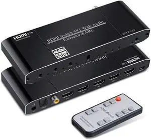 LUOM 4K@60Hz HDMI Switch Audio Extractor with Optical + 3.5mm AUX +  Coaxial Output, 4 in 1 Out HDMI Switcher Converter Support ARC, HDCP 2.2, HDR10, Dolby Visio, RGB 8:8:8(Dobly Atmos),EDID