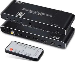 4x1 HDMI Switch with Audio Extractor, 4 Port 4K 60Hz HDMI Switcher HDMI Audio Converter Include IR Remote and ARC,Coaxial audio,3.5mm Jack & optical Toslink SPDIF for Xbox, Fire Stick, PS5