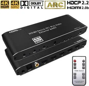 4x1 HDMI Switch with ARC,Coaxial & 3.5mm Jack & SPDIF Out, 4 Port HDMI Audio Extractor Splitter with Remote, Supports ARC, 4kx2k@60hz, Full 3D, RGB 8:8:8(Dobly Atmos),EDID,HDR10
