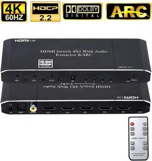 HDMI Switch 4x1 with Audio Extractor, 4K@60Hz Ultra HD HDMI Switcher with Optical TOSLINK SPDIF, 3.5mm Audio,Coaxial Support ARC Function, 3D, 1080P @120Hz, 4Kx2k @60Hz HDTV with Remote