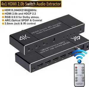 4x1 HDMI Switch,4 in 1 Out HDMI Switcher Audio Extractor( Optical + 3.5mm AUX +  Coaxial Output) ,Support Ultra HD 4K,3D 1080P,Audio EDID Extractor with IR Remote Control, OZQ7