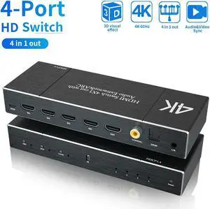 4K 60Hz HDMI 2.0 Switch 4 Port with Audio Extractor and ARC, Support Coaxial3.5mm AUXOptical Audio Out, HDMI Splitter with Remote Support HDR, HDCP2.2, 3D,18Gbps, Dolby Vision , OZQ7