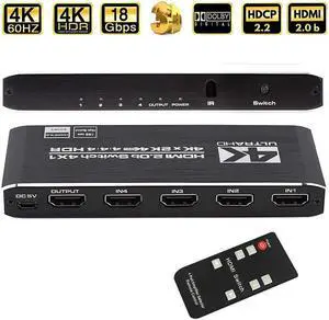 HDMI Switch 4K 60Hz HDMI Splitter- HDMI Switcher Splitter 4 Input 1 Output, Support 3D 4K HDR10 HDCP2.2 YUV444/RGB888 for Xbox PS4 Roku HDTV Fire Stick Blu Ray(IR Remote)
