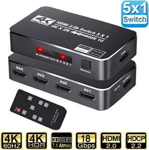 Switcher HDMI 2.0-compatible 5 in 1 out 4K 60Hz 2K 120Hz Switch Splitter adapter IR Remote For PS5 PS4 Projector Supports Ultra HD Dolby Vision, 18.5Gbps, HDR10, HDCP 2.2 & 3D - OZQ3-3