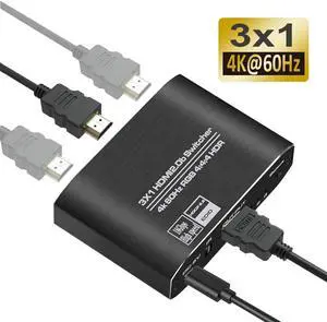 4K@60Hz HDMI Switch 3x1, 3 Port HDMI Switcher with IR Wireless Remote Support Auto Switch, HDMI 2.0, HDCP 2.2, HDR, Full HD, 3D - OZQ3-1
