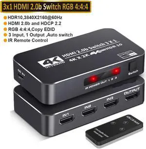 LUOM HDMI 2.0 Switcher 3 in 1 out 4K/60Hz HDMI Splitter for XBOX 360 PS4 Smart Box 3 in 1 out HDMI 2.0 Switch Adapter Supports Ultra HD Dolby Vision, 18.5Gbps, HDR10, HDCP 2.2 & 3D - OZQ2-2