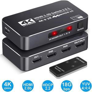 LUOM 4K 2K 60Hz HDMI Switch 3x1 HD 4K HDMI Video Switcher Adapter 3 In 1 Out HDMI Splitter with Remote Control for DVD HDTV TV Box PS4 - OZQ2-2