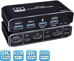 LUOM 8K@60Hz HDMI KVM Switch 2 in 1 Out Box, Share 2 Computers to One Monitor USB KVM Switcher Adapter, Support Hotkey Switch, Support Wireless Keyboard and Mouse, USB Disk, Printer, USB Camera