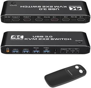 LUOM 4K@60Hz HDMI KVM Switch 2 in 2 Out Box, Share 2 Computers to Dual Monitor USB KVM Switcher Adapter, Support Hotkey Switch, Support Wireless Keyboard and Mouse, USB Disk, Printer, USB Camera