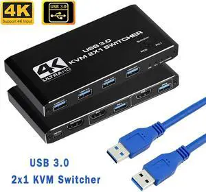 LUOM HDMI2.0 KVM Switch, HDMI and USB Switcher 2 in 1 Out Switches for 2 Computers Share Keyboard Mouse Printer and 1 Monitor and 4 USB3.0 Ports, Support Full HD 4K@60Hz with One Button Switch