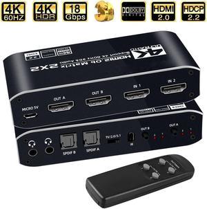 4K HDMI Matrix Switch 2 X 2 ,2 in 2 Out Video Switcher Splitter, 2xOptical SPDIF and 2x3.5mm L/R Audio Output with IR Remote Controller,Support 4K@60Hz 3D 18.5Gbps, HDMI 2.0b, HDCP 2.2,HDR10