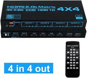 LUOM 4x4 HDMI Matrix Switch,4 in 4 Out Matrix HDMI Video Switcher Splitter, Support 4K HDR, HDMI 2.0b, HDCP 2.2, 3D,1080P,with IR Remote Control