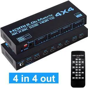 LUOM HDMI Matrix Switch 4x4, 4K@60Hz HDMI Matrix Switcher Splitter 4 in 4 Out Box with HDCP2.2 HDR10,EDID and IR Remote Control Support 4K HDR, HDMI 2.0b, HDCP 2.2, 3D,1080P