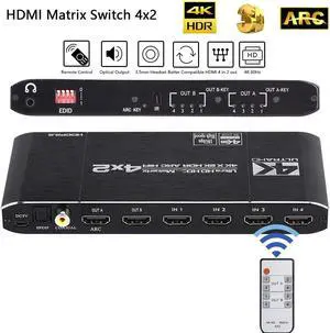 LUOM 4K@60Hz 4x2 HDMI Matrix Switch, HDMI 2.0b Matrix Switch 4 in 2 Out, 4K HDMI Switcher Splitter + Coaxial + Optical and 3.5mm L/R Audio Output, Scaler EDID with Remote, HDCP2.2, HDR 10