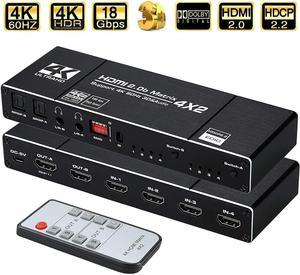 LUOM 4K HDMI Matrix Switch 4 X 2 ,4 in 2 Out Video Switcher Splitter, 2xOptical SPDIF and 2x3.5mm L/R Audio Output with IR Remote Controller,Support 4K@60Hz 3D 18.5Gbps, HDMI 2.0b, HDCP 2.2,HDR10