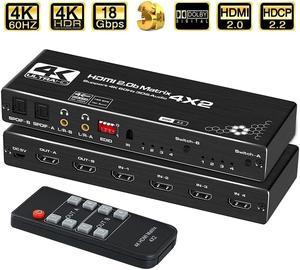 4 in 2 Out HDMI Matrix,LUOM 4K@60Hz 4x2 HDMI Matrix Switch with IR Remote Control, Support EDID, HDMI 2.0b, HDCP2.2, HDR10, Ultra HD, 3D