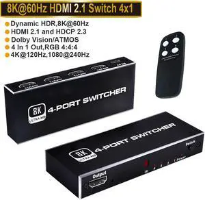 8K HDMI Switch,4 in 1 Out Ultra HD 8K@60Hz 4K@120Hz HDMI Splitter,4 Port High Speed-48Gbps HDMI 2.1 Switch with IR Remote Control-Metallic Black