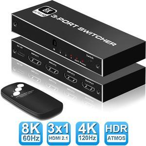 3 in 1 Out HDMI 2.1 Switch, 8K High-Speed 48Gbps 3Port HDMI Switcher, Supports 8K@60Hz 4K@120Hz, Compatible for PS5/PS4 Projectors Monitor Blu-Ray Player Xbox (3 in 1)