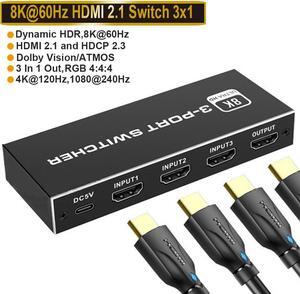 8K HDMI Switch,3 in 1 Out Ultra HD 8K@60Hz 4K@120Hz HDMI Splitter,3 Port High Speed-48Gbps HDMI 2.1 Switch with IR Remote Control-Metallic Black