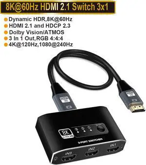 8K@60Hz HDMI Switch, LUOM 3 Port HDMI Switch 3 in 1 Out, 3x1 HDMI2.1 Switch Box, Supports HDCP 2.3, UltraHD, HDR 10, 8K HDMI Selector Switcher for Game Consoles, Fire Stick