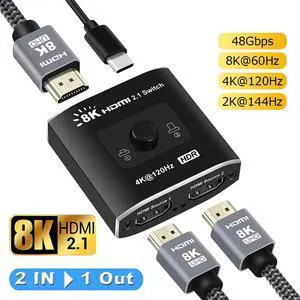 LUOM HDMI 2.1 Switch 8K, HDMI Switcher 2 in 1 Out, 2 Port 4K 120Hz HDMI Selector Hub Support 8K@60Hz 48Gbps for Xbox Series X PS4 Pro PS5 Roku UHD TV Monitor Projector(OZ8Q2B)